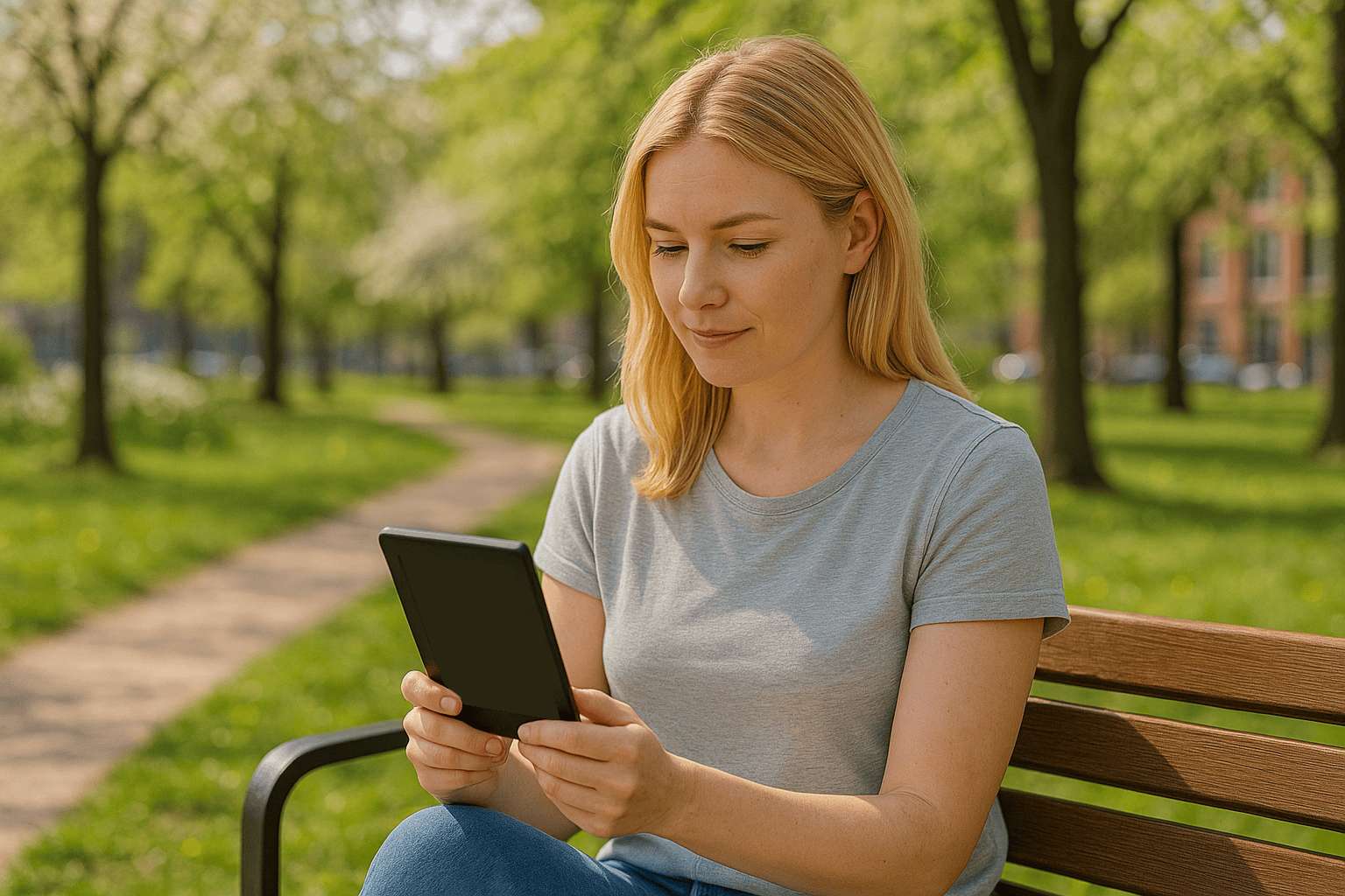 Dame die leest op een ereader in het park